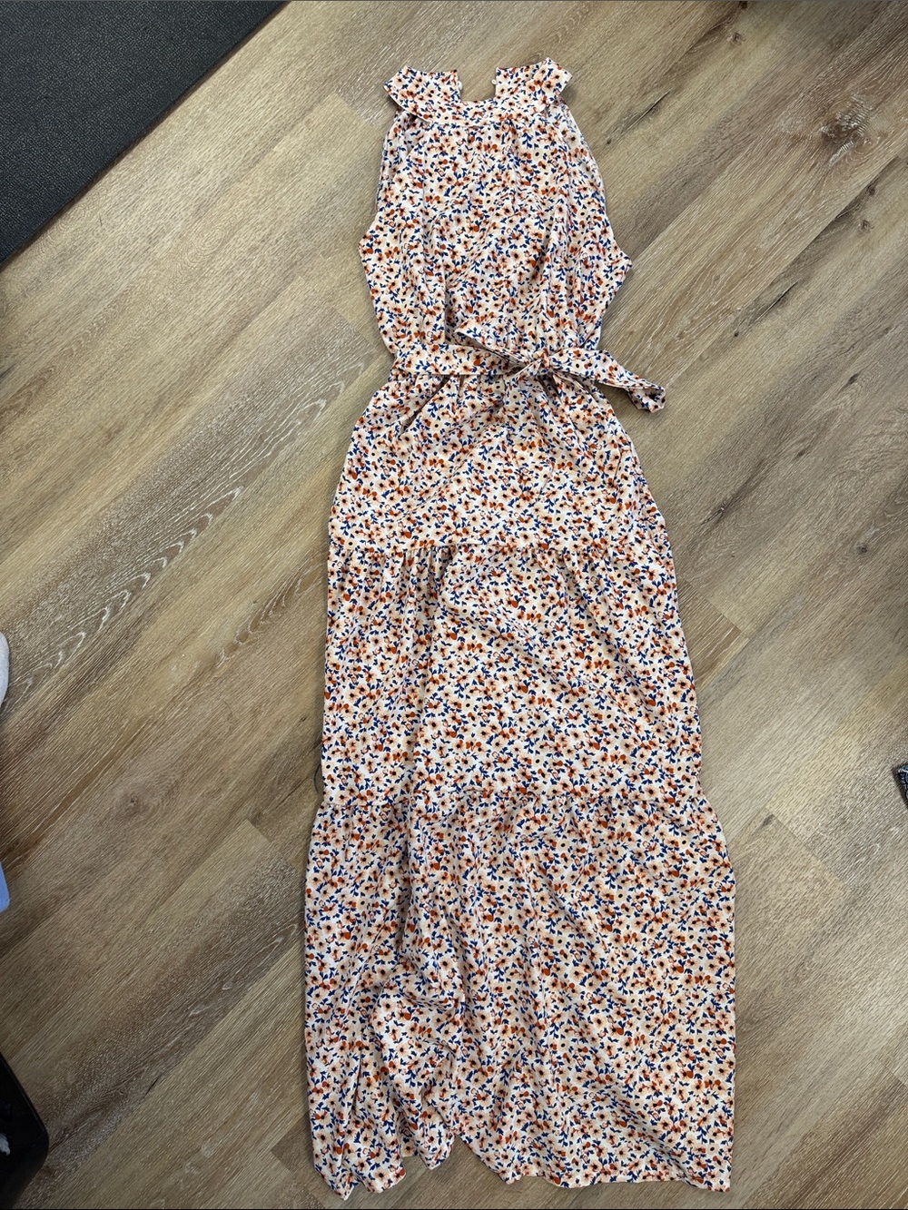 Sleeveless Floral Tiered Maxi Dress in Cream, Orange & Navy